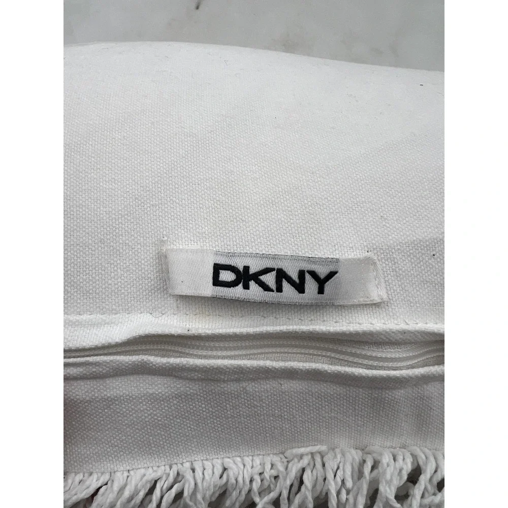 DKNY Throw Pillow White Cotton Textured Lumbar Decorative Fringe Trim 12x22
